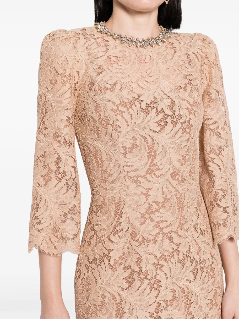 Long sleeve lace column dress with embellished neckline – Amlasr