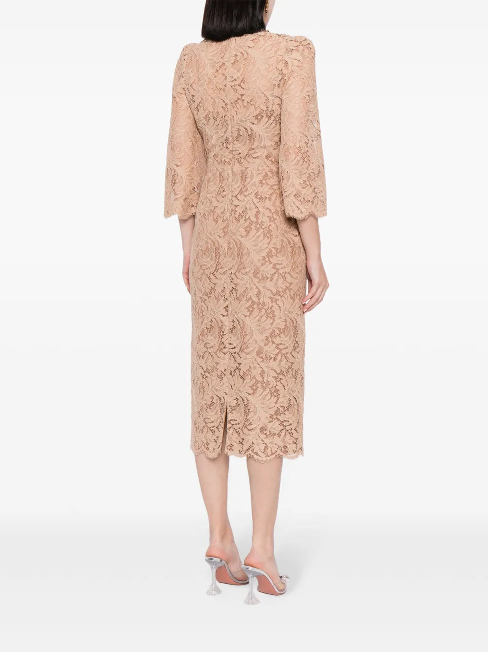 Long sleeve lace column dress with embellished neckline – Amlasr