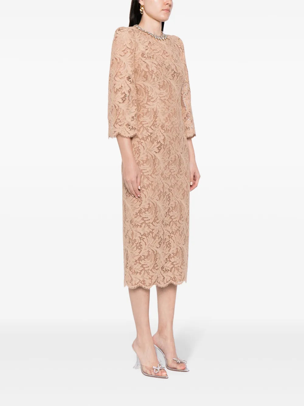 Long sleeve lace column dress with embellished neckline – Amlasr