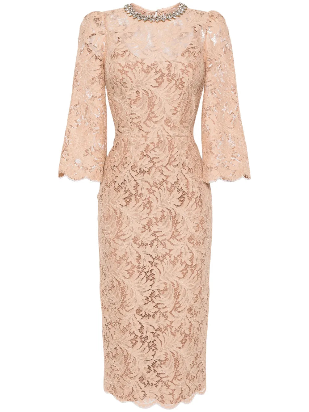 Long sleeve lace column dress with embellished neckline – Amlasr
