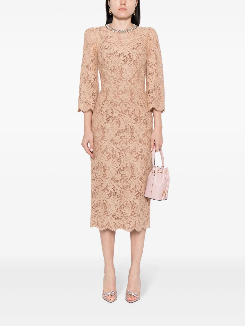 Long sleeve lace column dress with embellished neckline – Amlasr