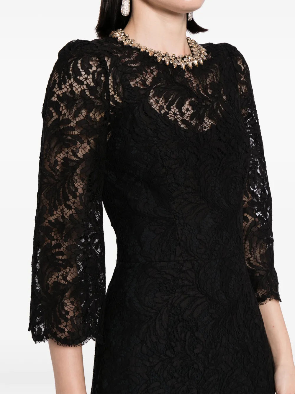 Long sleeve lace column dress with embellished neckline – Amlasr