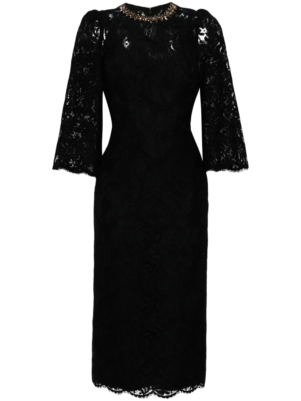 Long sleeve lace column dress with embellished neckline – Amlasr
