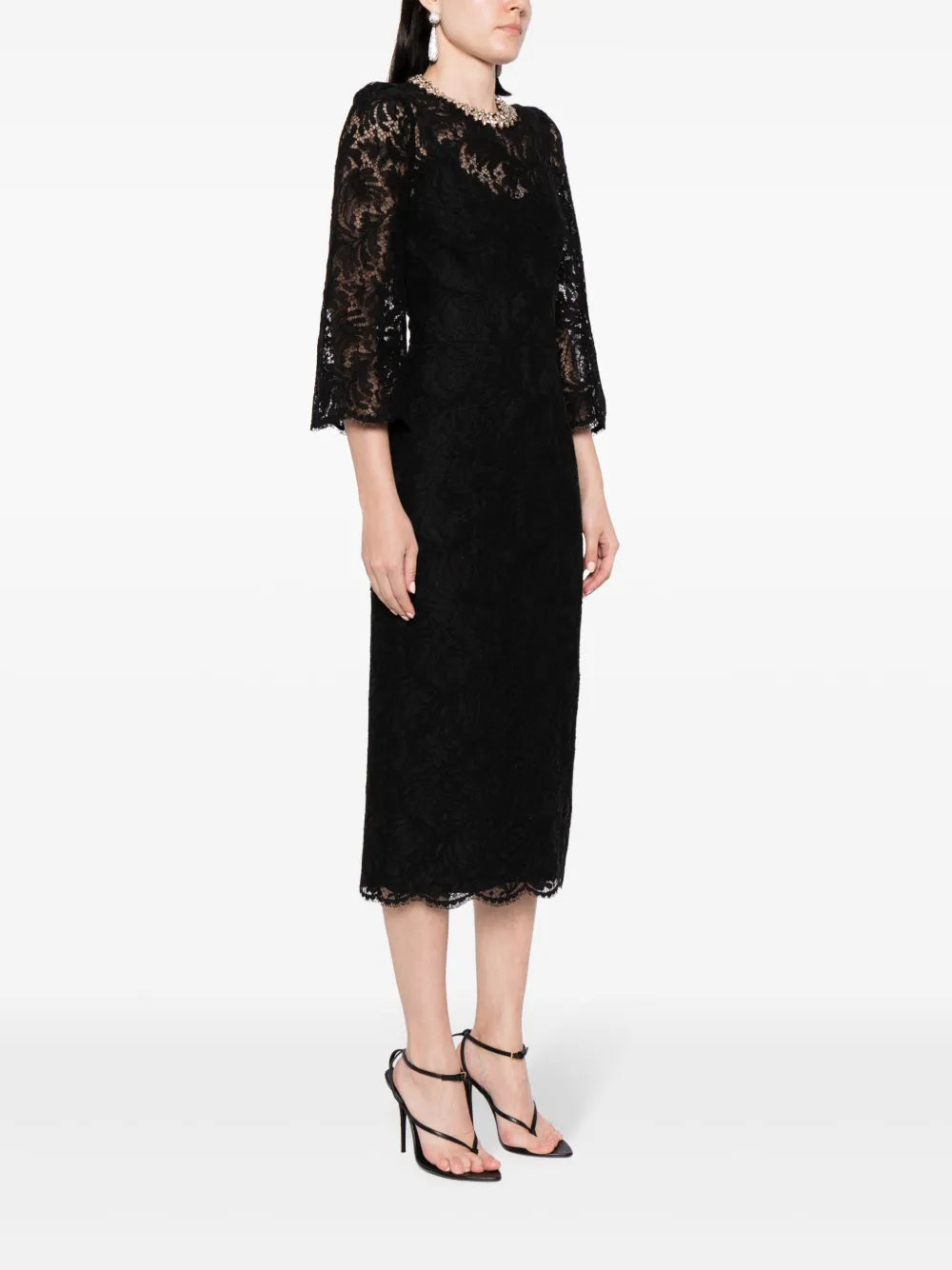 Long sleeve lace column dress with embellished neckline – Amlasr