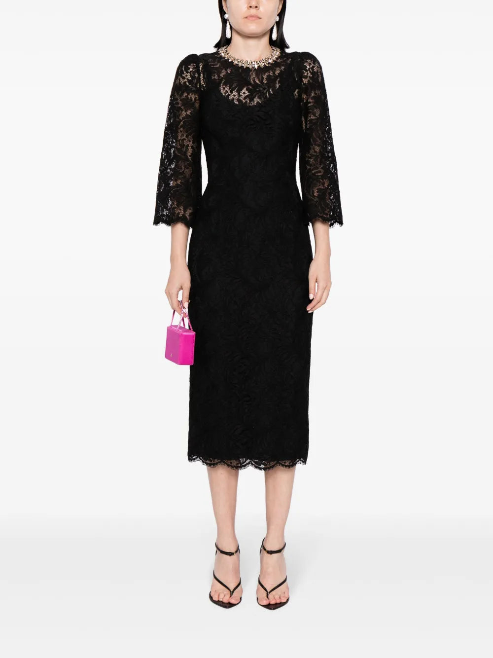 Long sleeve lace column dress with embellished neckline – Amlasr