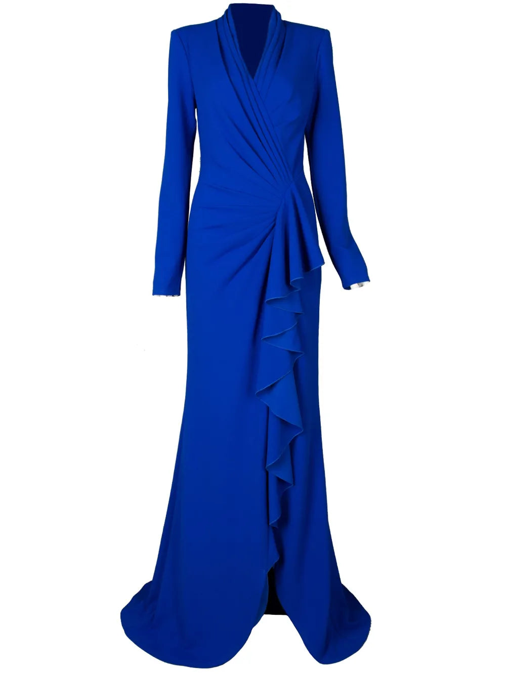 long-sleeve draped gown with front cascade ruffle – ROYIAL