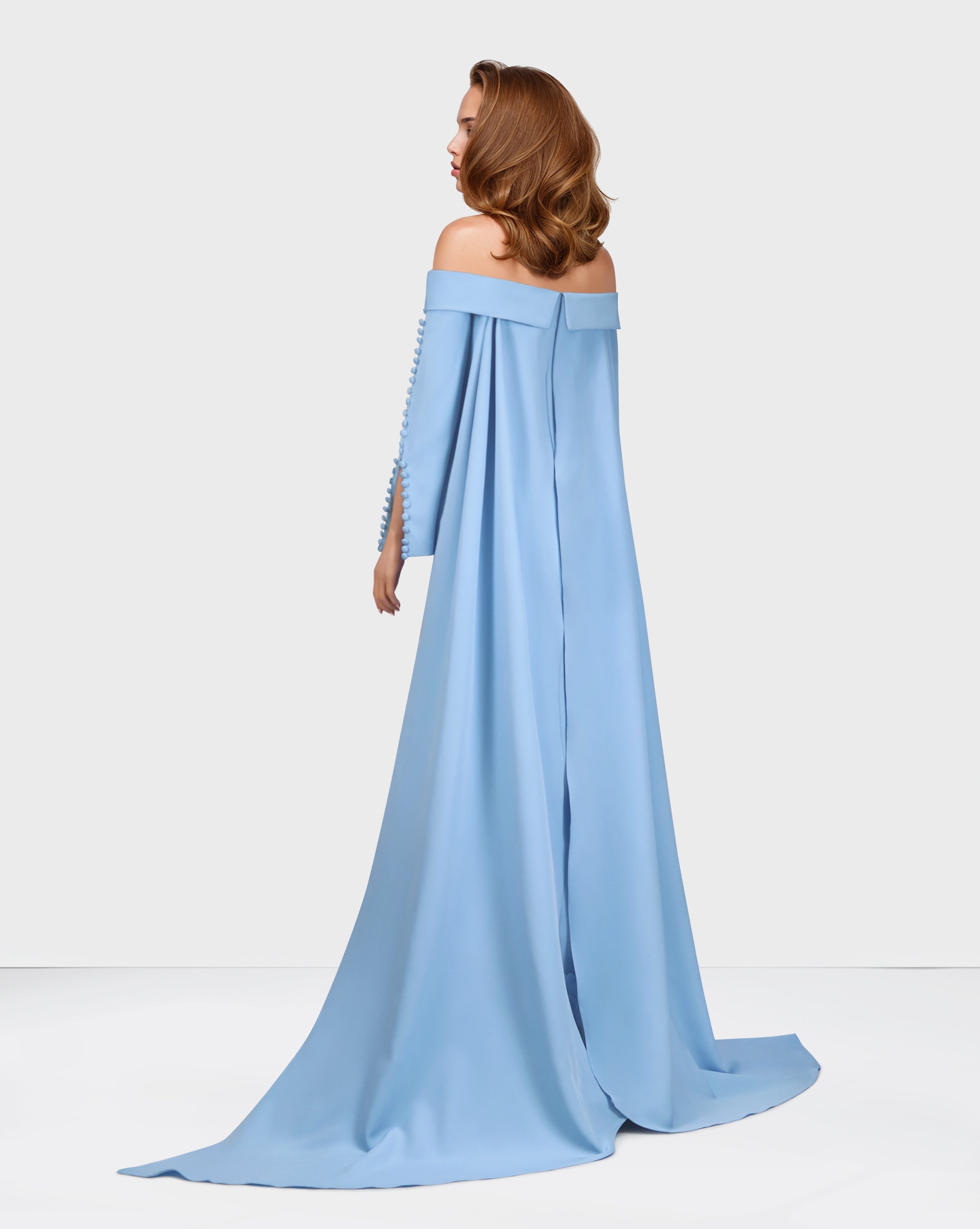 Strapless long sleeve blue dress with 3D flowers - Bolee