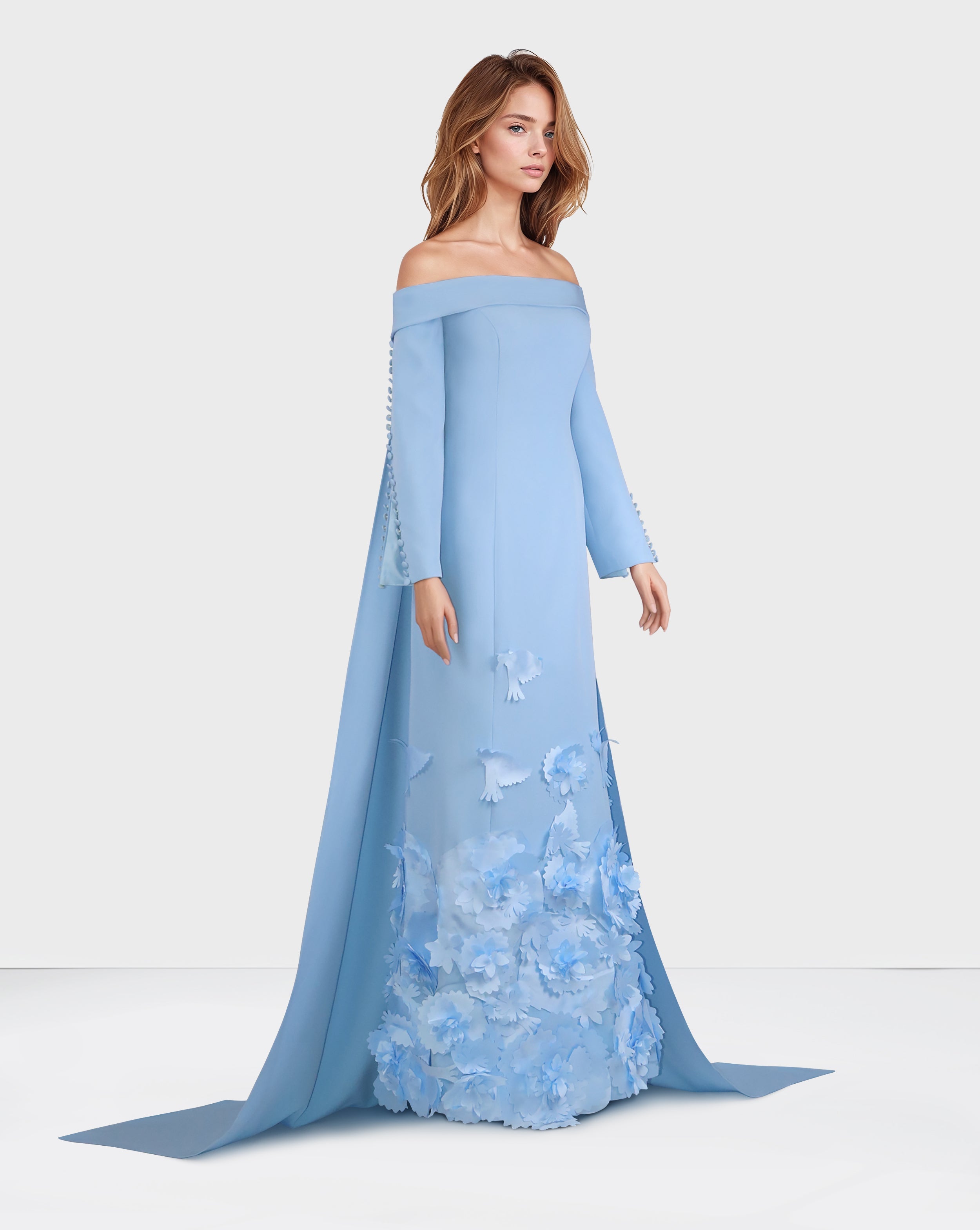 Strapless long sleeve blue dress with 3D flowers - Bolee