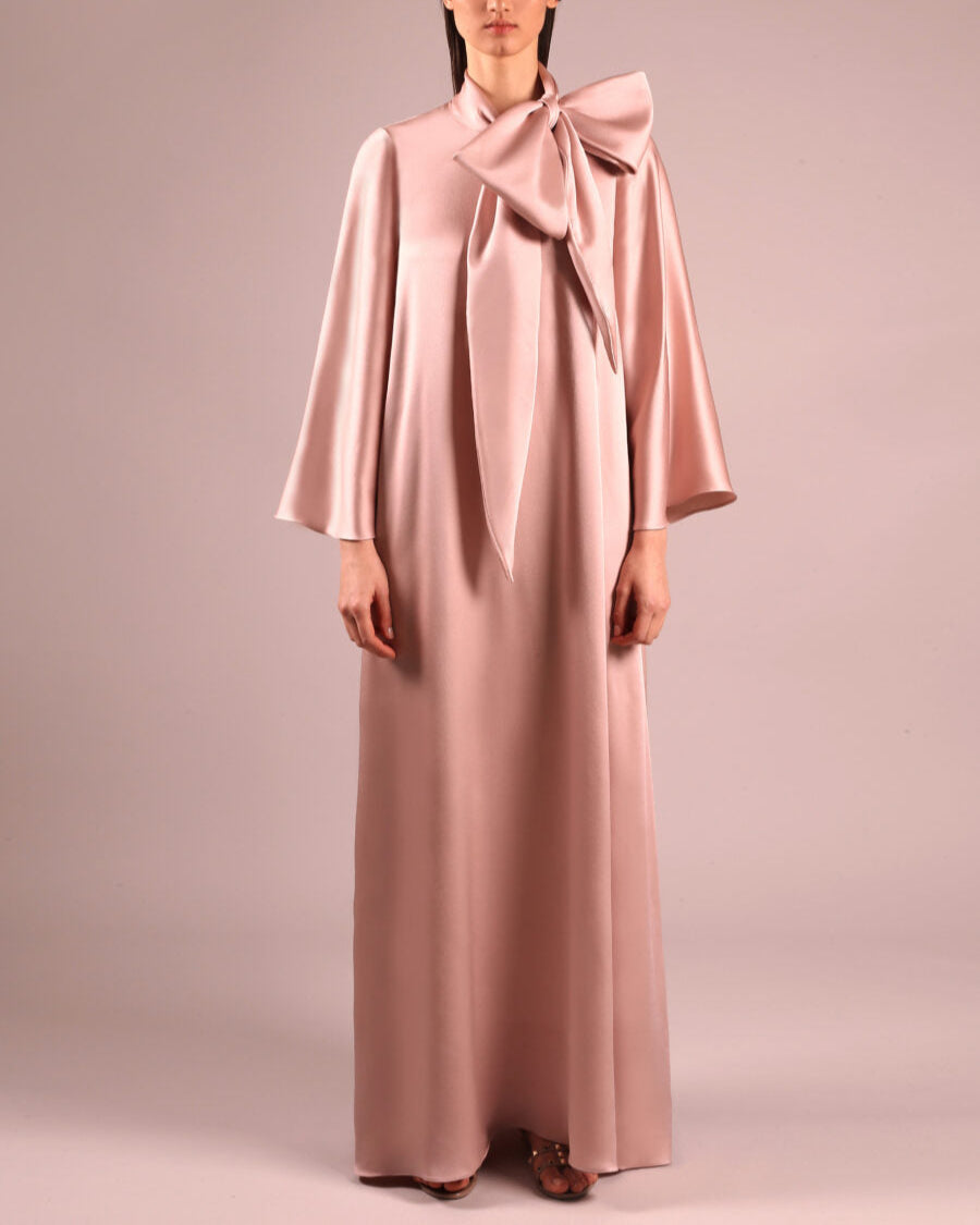 Long-sleeve satin gown with oversized neck bow – BLUSH