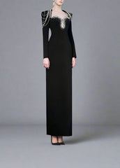 Long-Sleeve Column Dress with Beaded Shoulder Chains - ASTRA