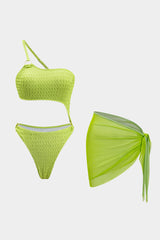 Asymmetrical Bikini And Ruched Tie Knot Cover Up Set