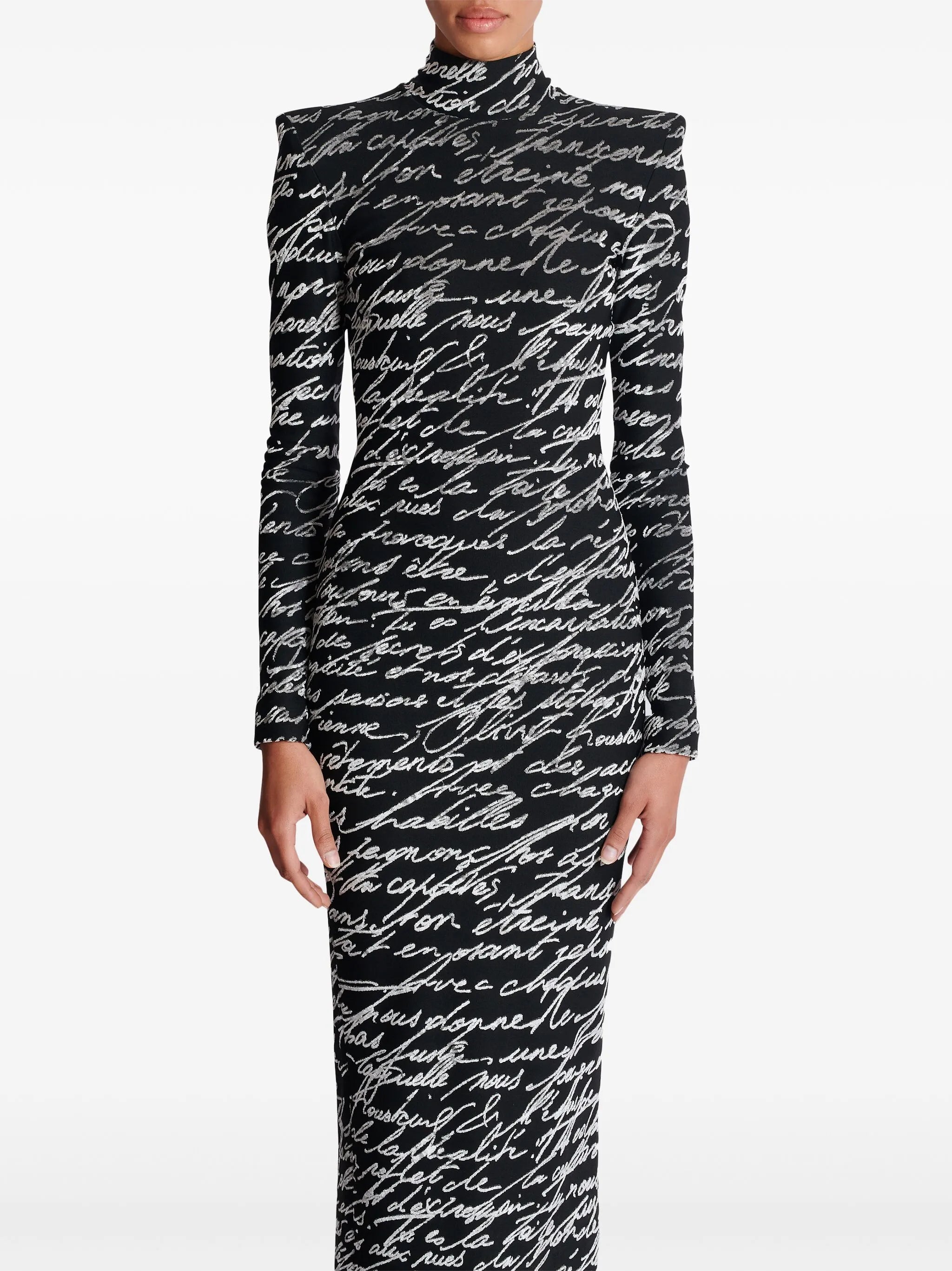 Long sleeve script-print gown with high neck – Nokil