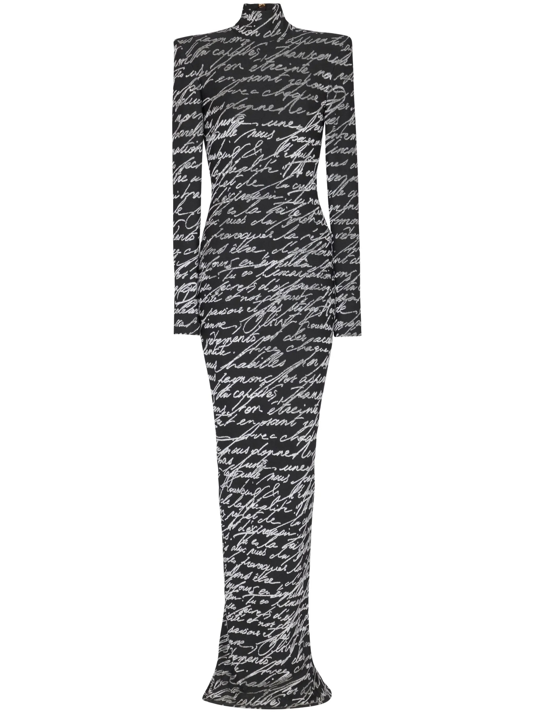 Long sleeve script-print gown with high neck – Nokil