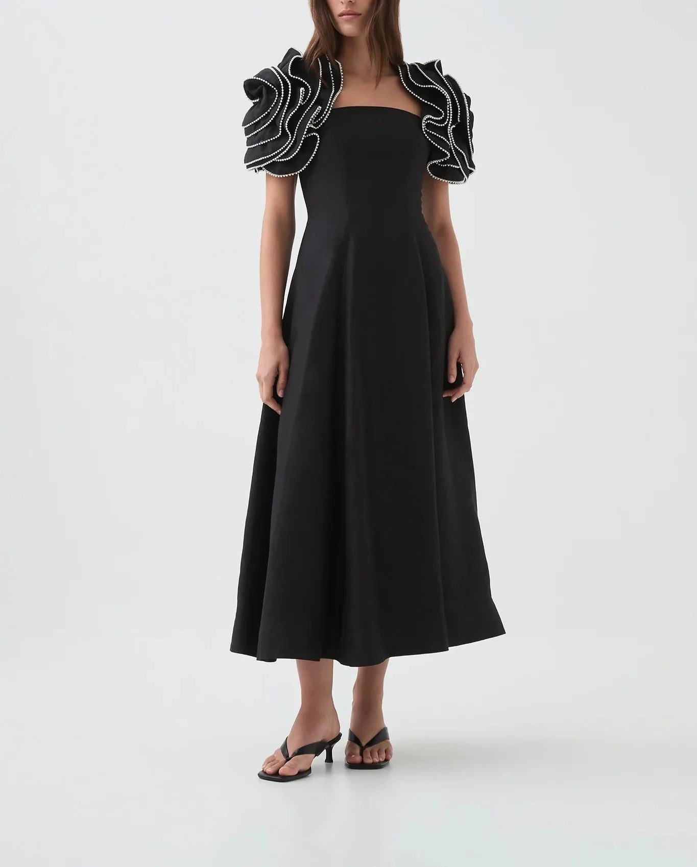 midi fit-and-flare dress with pearl-embellished ruffle sleeves – RH