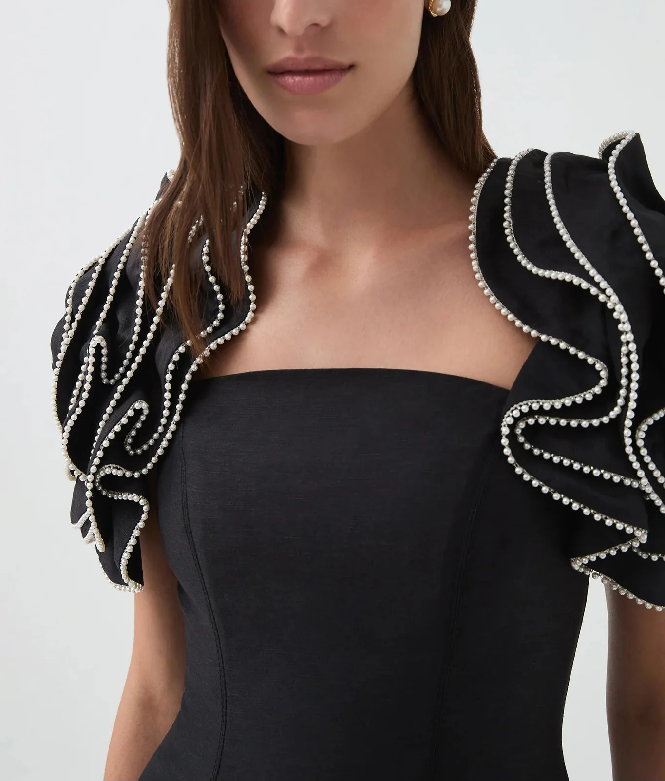 midi fit-and-flare dress with pearl-embellished ruffle sleeves – RH