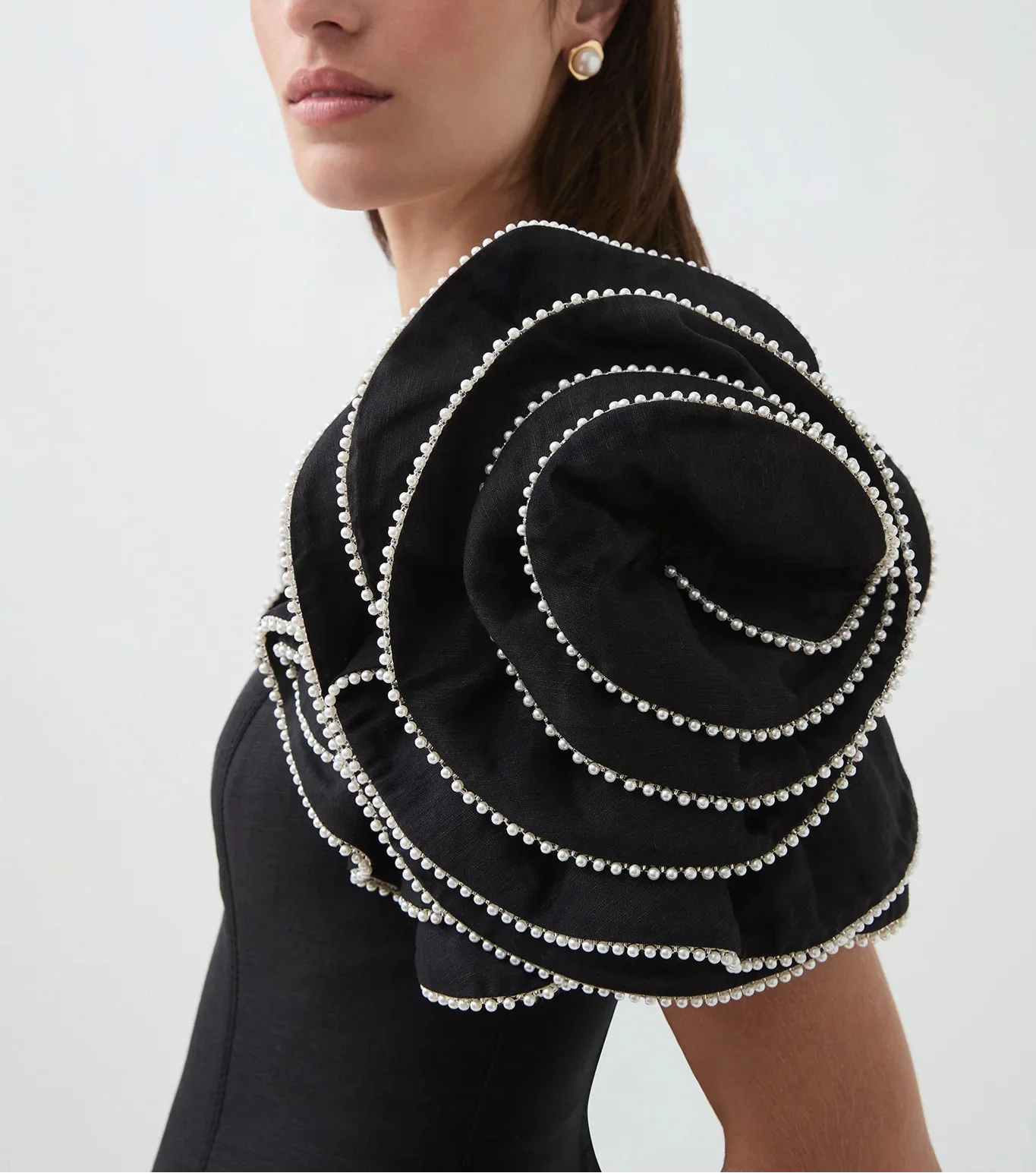 midi fit-and-flare dress with pearl-embellished ruffle sleeves – RH