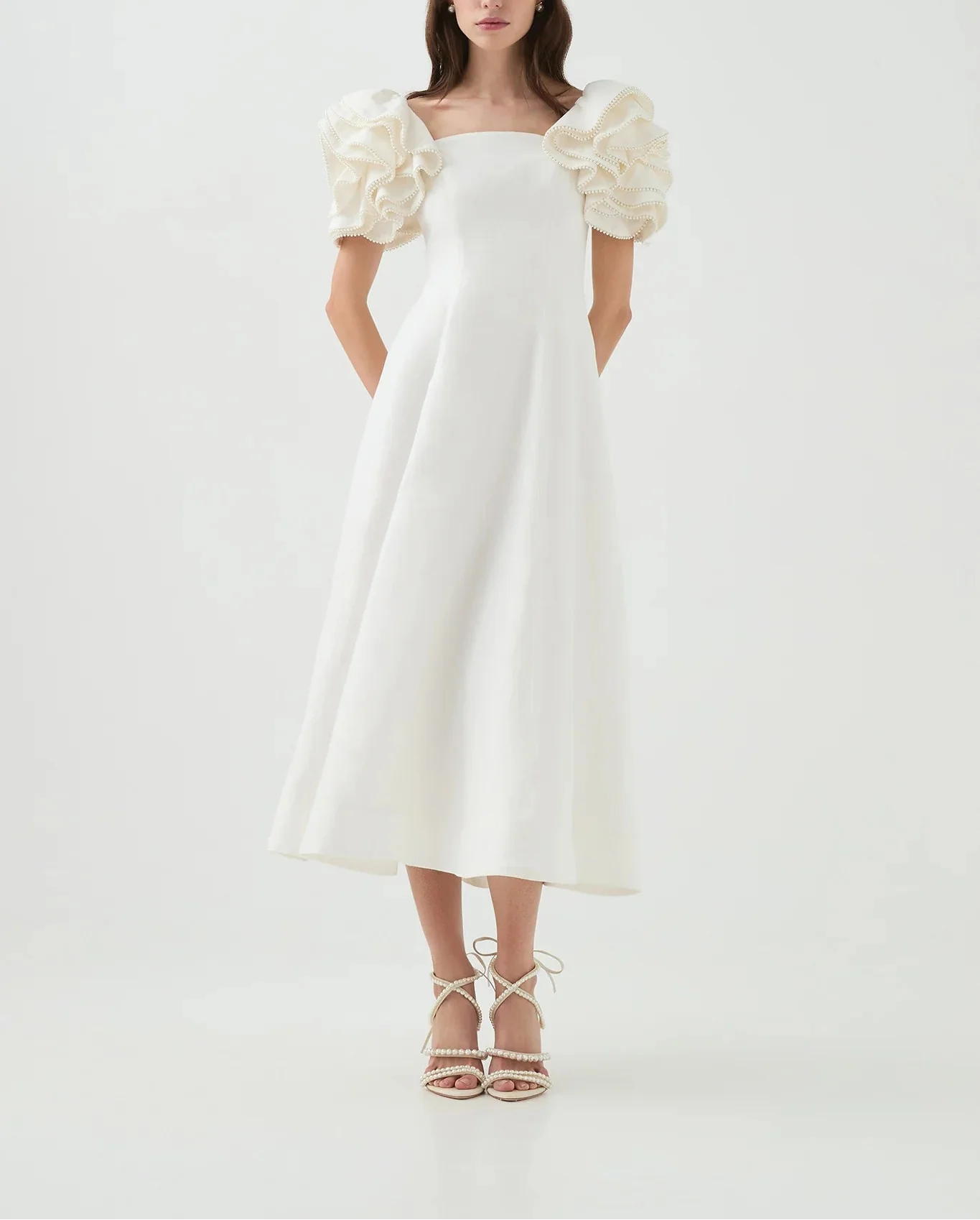 midi fit-and-flare dress with pearl-embellished ruffle sleeves – RH