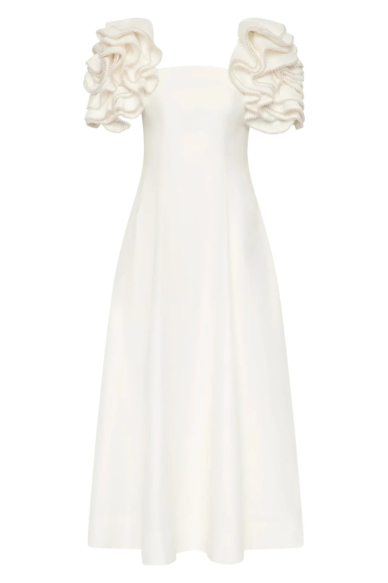 midi fit-and-flare dress with pearl-embellished ruffle sleeves – RH