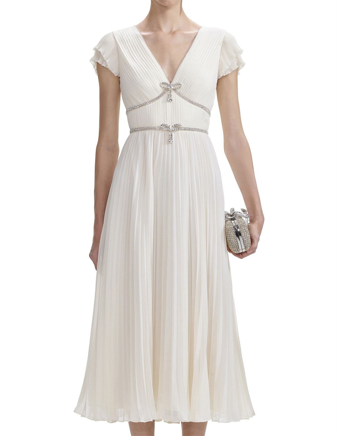 pleated v-neck chiffon dress with crystal bow accents – CELESTE