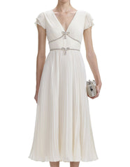 pleated v-neck chiffon dress with crystal bow accents – CELESTE