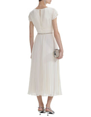 pleated v-neck chiffon dress with crystal bow accents – CELESTE