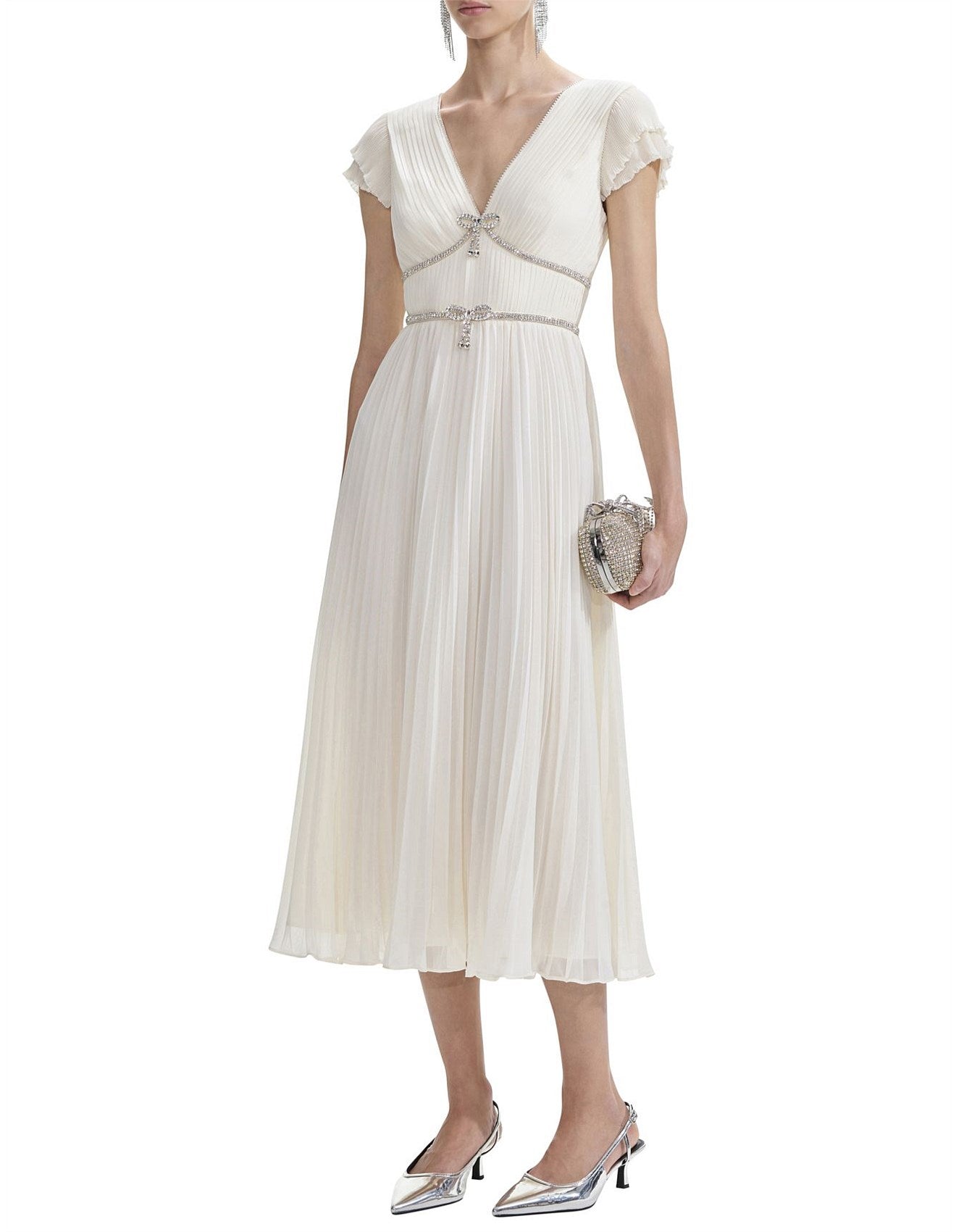 pleated v-neck chiffon dress with crystal bow accents – CELESTE