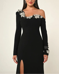 One-sleeve column dress with floral appliqué and front slit – NOIR BELLA