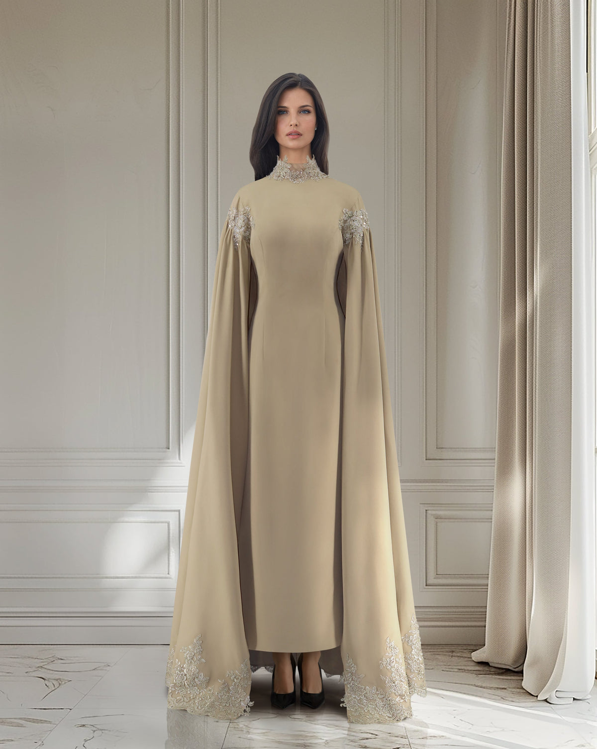 Column dress with maxi sleeves - back cape - Qlooza