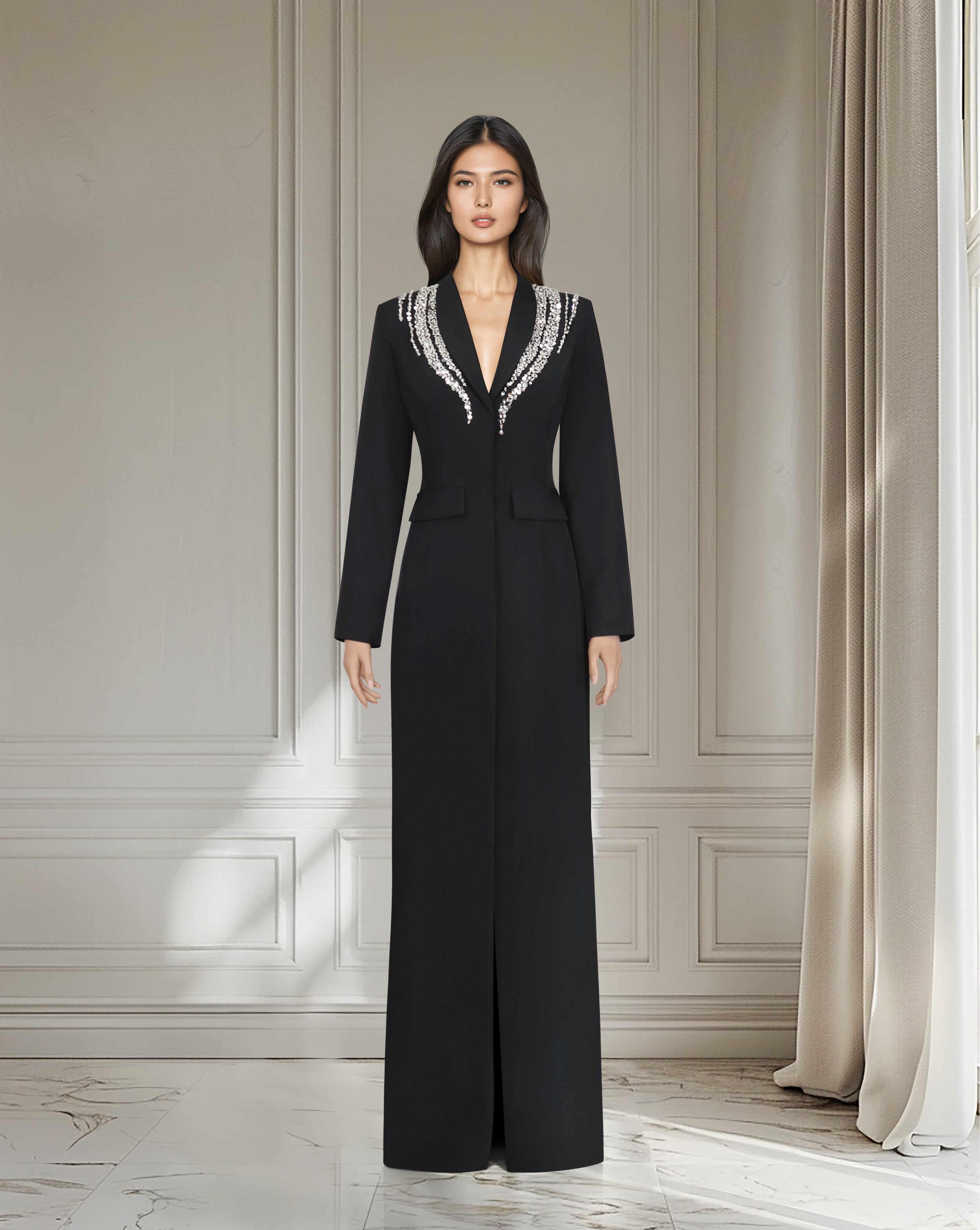 Blazer black dress with beaded shoulders-Fanie