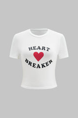 Heart Letter Print Round Neck Short Sleeve T-Shirt
