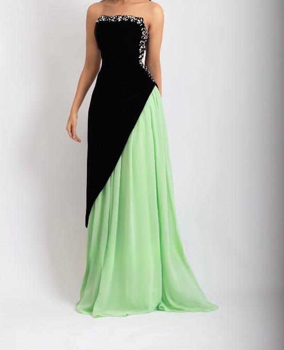 Strapless color-block gown with embellished bodice – Poleno