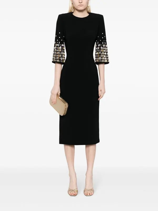 3/4 sleeve midi dress with metallic embellished cuffs – NOOIR