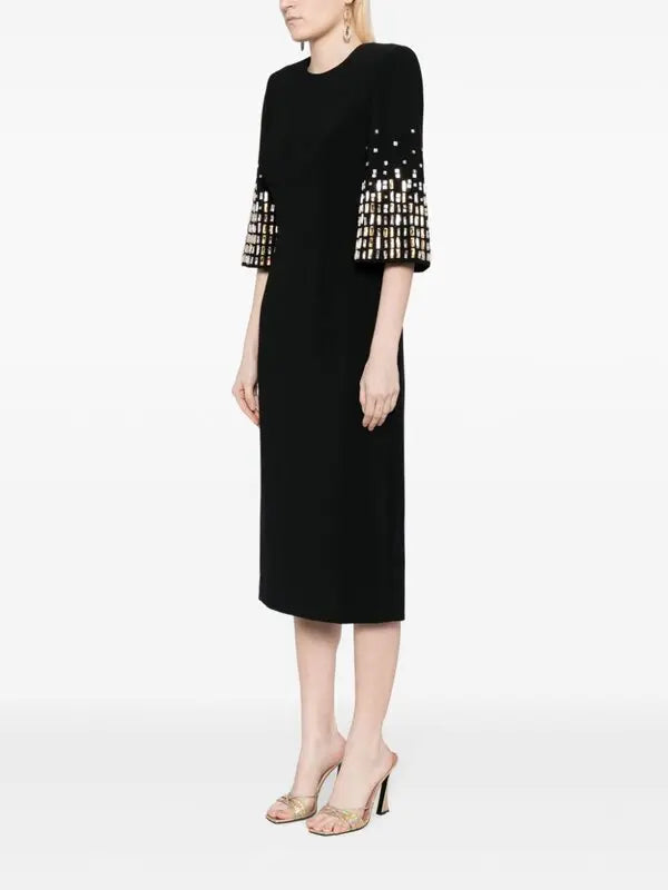 3/4 sleeve midi dress with metallic embellished cuffs – NOOIR