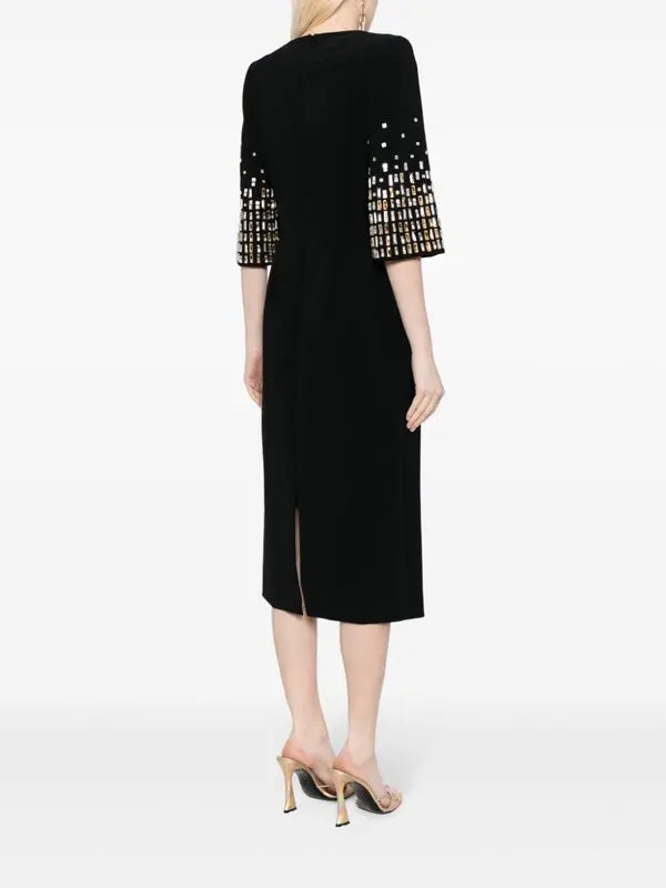 3/4 sleeve midi dress with metallic embellished cuffs – NOOIR