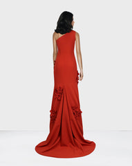 Shoulder off red dress with 3D flowers  - LOYAN
