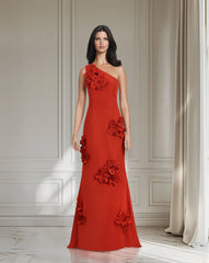 Shoulder off red dress with 3D flowers  - LOYAN