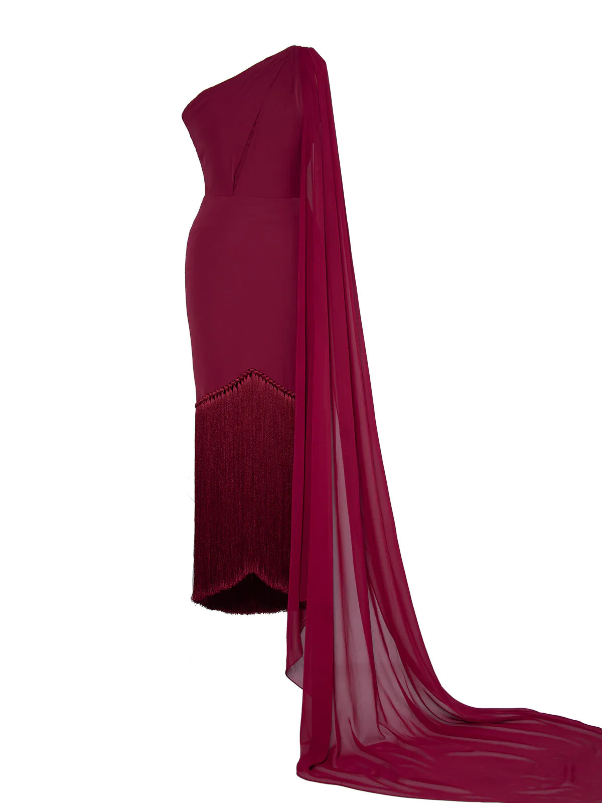 One-shoulder sheath dress with fringe hem and chiffon sash – RUBY