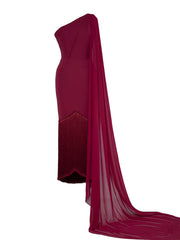 One-shoulder sheath dress with fringe hem and chiffon sash – RUBY