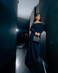 Black column dress with beaded shoulders and long sleeves - Telqo