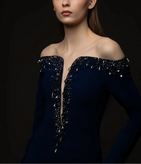 off-shoulder column dress with crystal plunge neckline – CELESTE