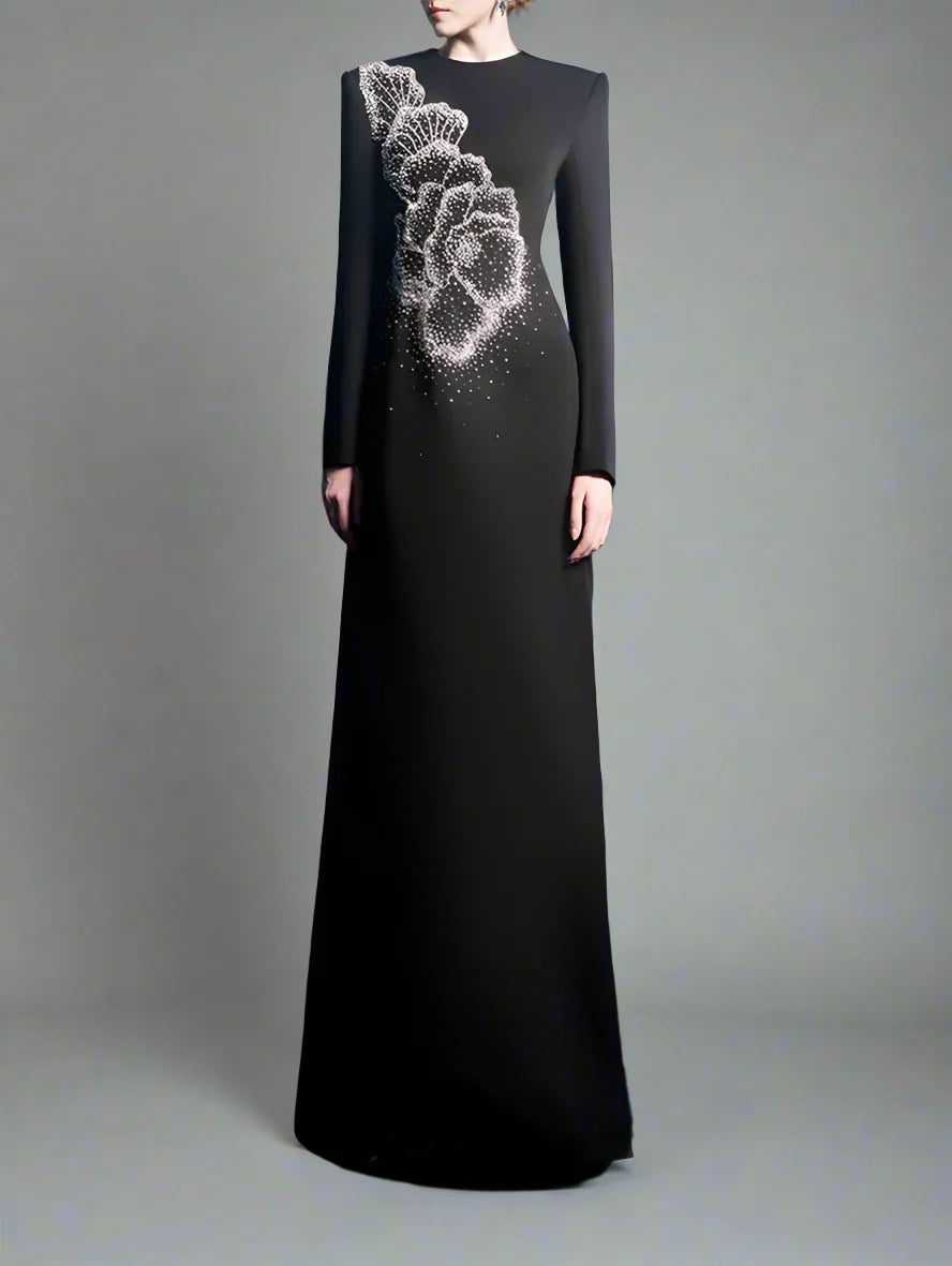 Long-Sleeve A-line Dress with Beaded Floral Accents - BLOSSOM