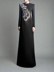 Long-Sleeve A-line Dress with Beaded Floral Accents - BLOSSOM