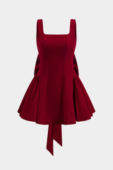 Velvet Pleated Bow Backless Zipper Slip Mini Dress