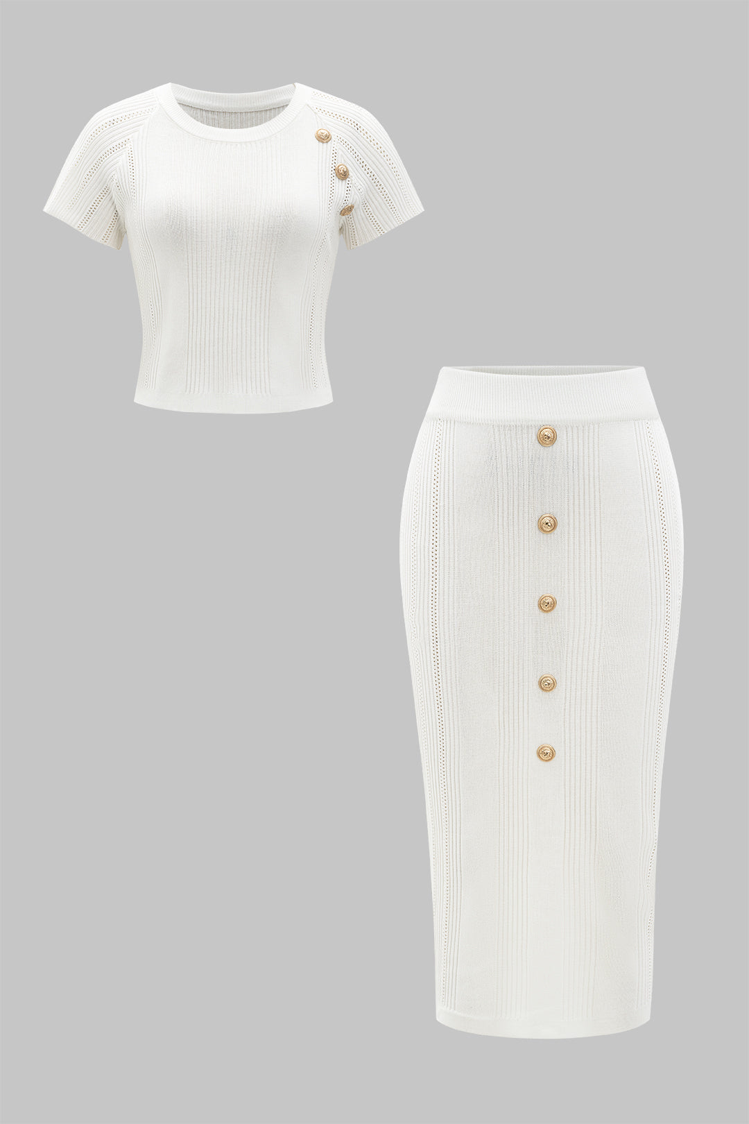 Knit Metallic Button Top And Skirt Set
