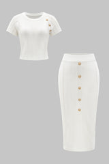 Knit Metallic Button Top And Skirt Set