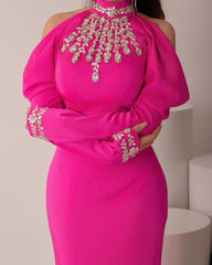 Embellished high-neck gown with draped sleeves – Lunan