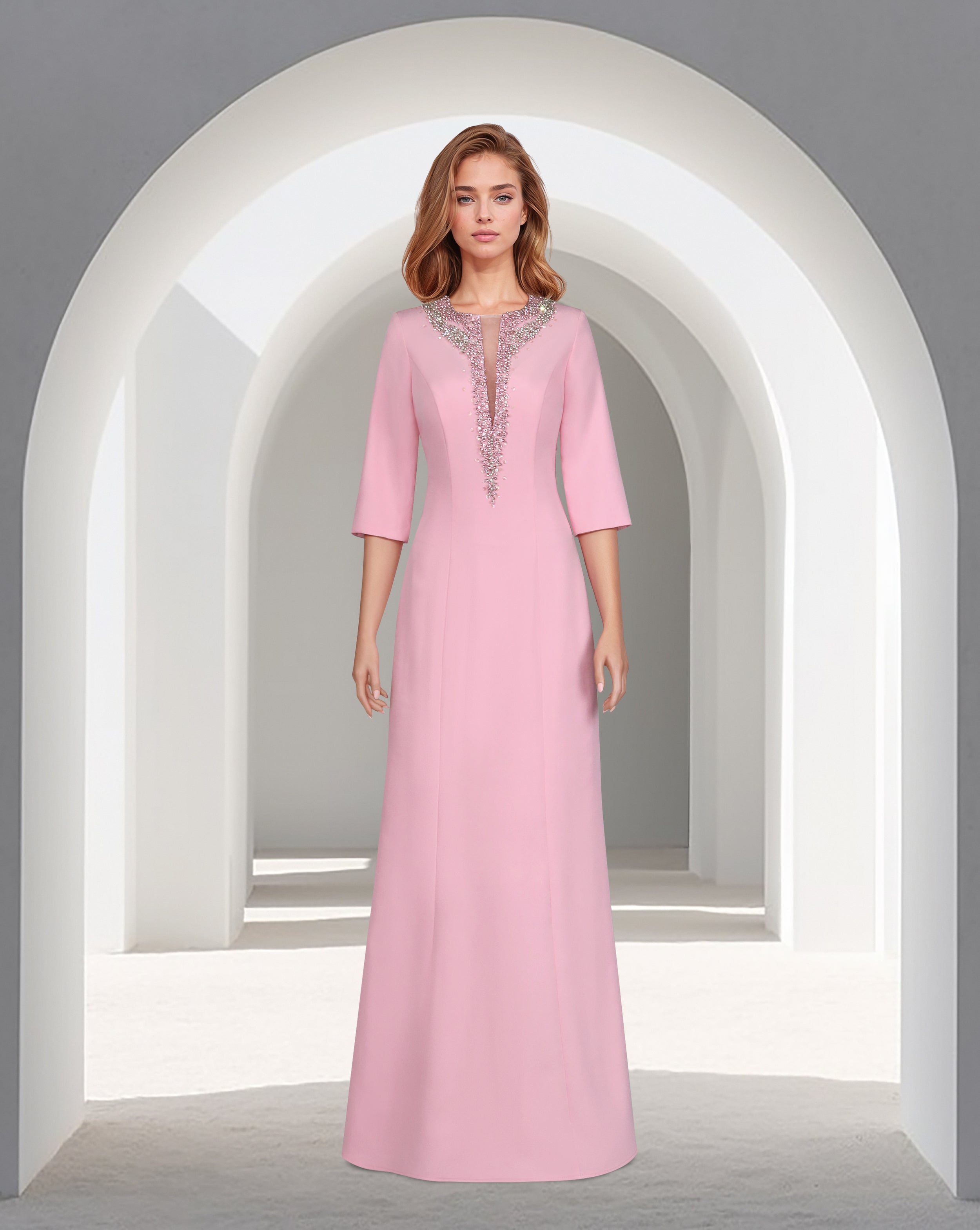 Sequinned neckline - long floor length pink dress