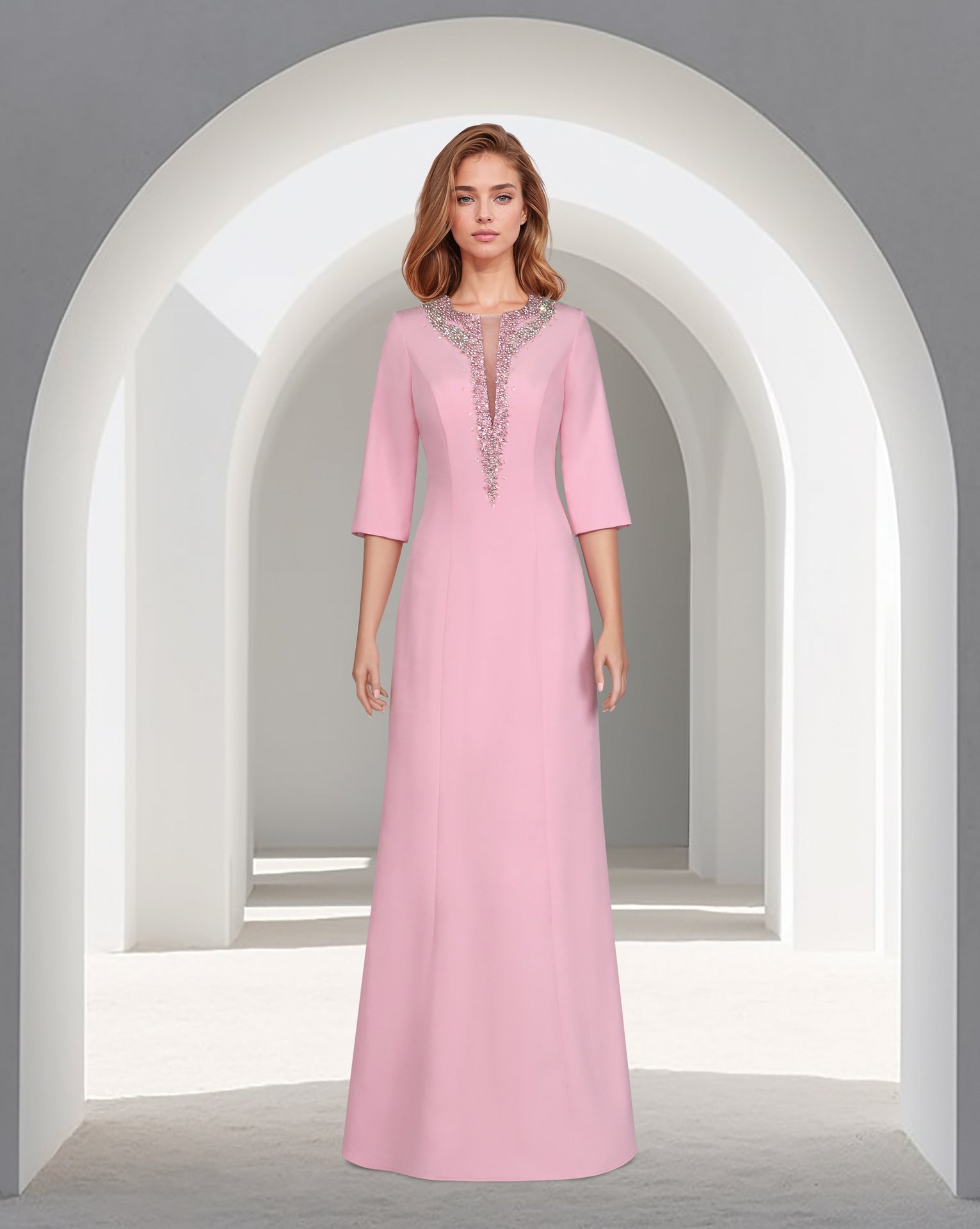 Sequinned neckline - long floor length pink dress