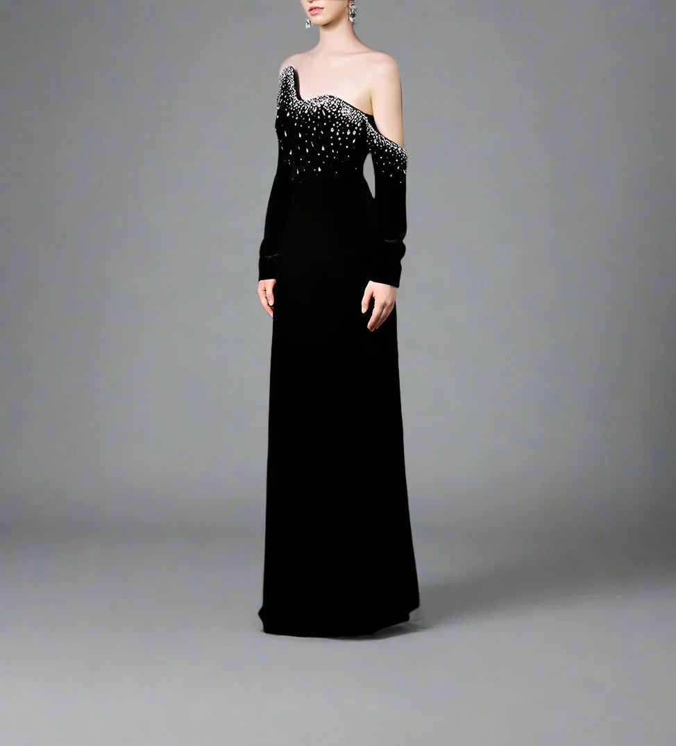 Long-Sleeve Column Dress with Crystal Embellishments - Marilyn