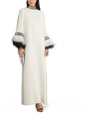 Feather-cuff kaftan gown with embellished collar – Zelphia